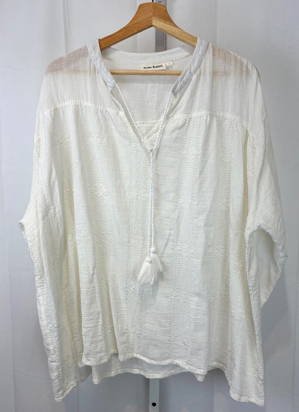 ROLLER RABBIT Popover Boxy Cotton Tunic Top Tassel Tie Neck Oversized White S